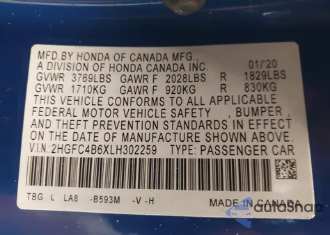 2020 Honda Civic Lx z USA, uszkodzony, nr VIN 2HGFC4B6XLH302259